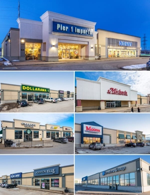 Collage of Retail stores including Pier One, Dollarama, Michaels, Starbucks, Moores