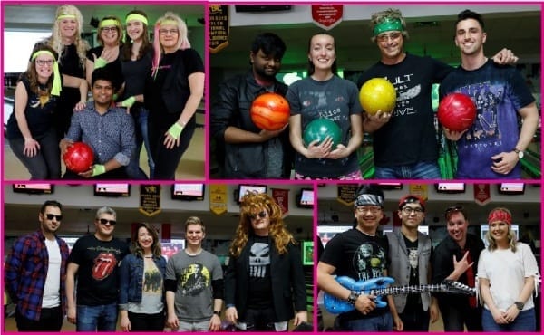 Collage of Skyliners dressed in Rock and Roll clothes for theme bowling