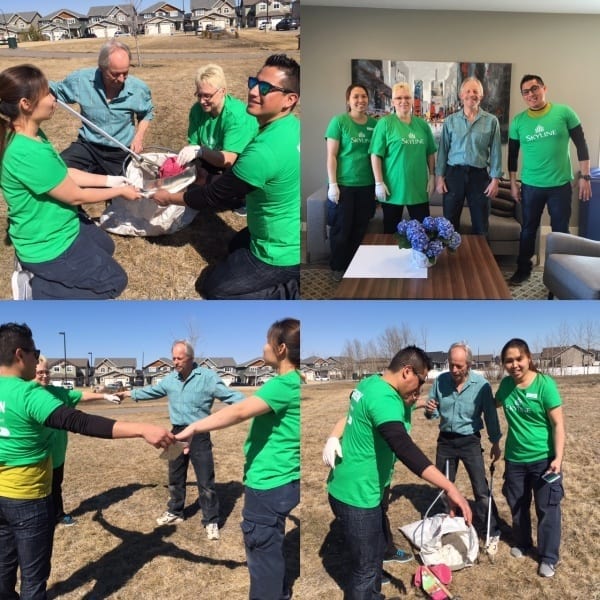 A collage of photos where Skyliners are picking up garbage for Earth Day