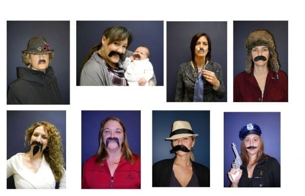Collage of the women at skyline wearing fake moustaches