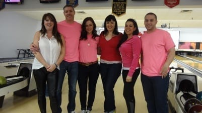 Six Skyliners dress in pink shirts for theme charity bowling