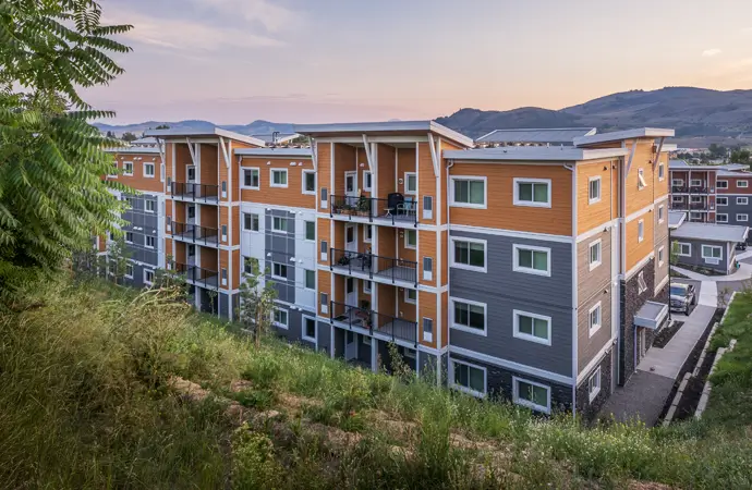 An apartment build at dusk
