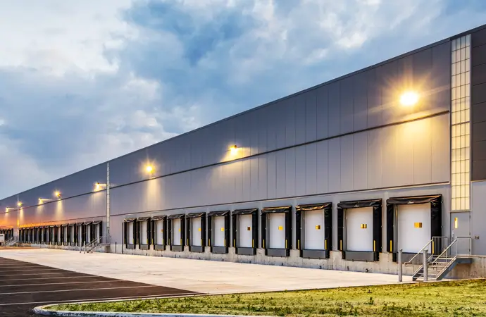 An industrial complex with lighting