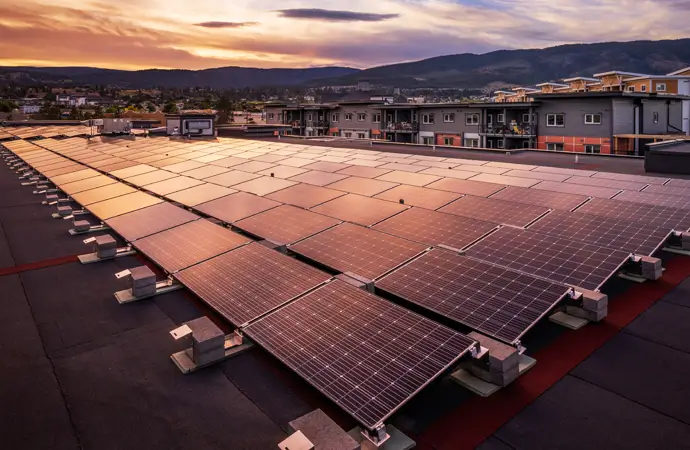 A solar farm at dusk